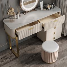 a vanity with a mirror and stool next to it