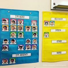 a bulletin board with pictures of children's faces and words on it next to another bulletin board