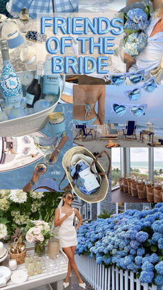 a collage of blue and white pictures with flowers, vases, hats, and other items