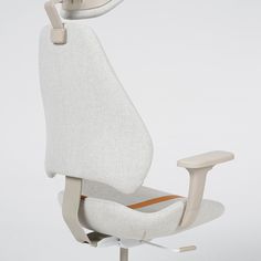 an office chair with arm rest and footrest in white upholstered fabric, viewed from the front