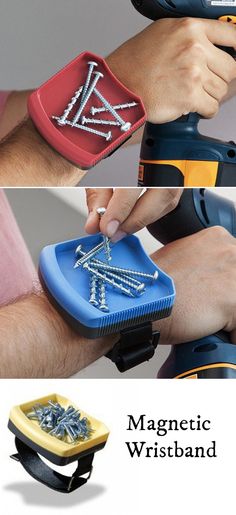 two pictures showing how to use an electric wristband with magnets and nails on it