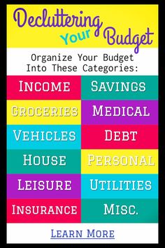 a colorful poster with the words decluttering your budget