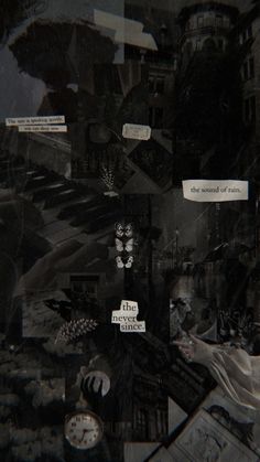 a collage of images with words and pictures on them, all in black and white