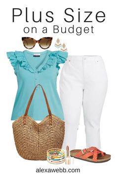 Plus Size on a Budget - Easy Summer 1 - A plus size easy summer outfit idea with an aqua ruffle top, white denim capris, straw tote bag, and orange sandals by Alexa Webb. Plus Size Summer Outfits Over 50, Plus Size Summer Outfits 2023, Plus Size On A Budget, Easy Summer Outfits, Boston Outfits, Plus Size Summer Casual, Casual Outfits Plus Size