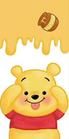 winnie the pooh with honey dripping from it's mouth and holding his hand up to