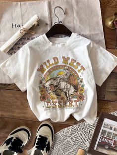 Young Girl Retro 90s Print T-Shirt, Casual Vintage Outdoor Print, Western Print Short Sleeve Tee For Summer White Casual  Short Sleeve Knitted Fabric Animal,Graphic,Halloween,Letter,Slogan,All Over Print  Slight Stretch  Young Girls Clothing, size features are:Bust: ,Length: ,Sleeve Length: Cute Western Shirt Ideas, Indie Shirts, Cowboy Pattern, Everyday Casual Outfits, Retro Western, Tshirt Ideas, Animal Graphic, Clothes Sale, Retro 90s