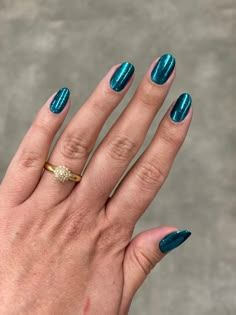 Metallic Turquoise Nails, Teal Nails With Chrome, Bluish Green Nails, Dark Turquoise Nails, Teal Gel Nails, Teal Chrome Nails, Jewel Tone Nails, Dark Teal Nails