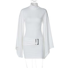 a mannequin wearing a white dress with long sleeves and a belt around the waist