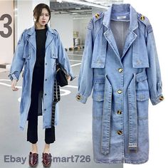 Korean Womens Loose Belt Jean Jackets Long Sleeve Denim Long Coat Trench Coat   Description: Color: Blue Size:S-XL Materials : Denim      We are very honest seller from China,All the items are in stock and ship from China.we check each item carefully befor package it,we assure every buyer will be 100% happy with us,please enjoy your time for shopping from us! Shipping We ship items by China post registered airmail,the handing time is 1-2 working days.all the packages have a tracking number. Plea Trench Denim Jacket Outfit, Long Jean Coat Outfit, Long Denim Jacket Outfit Winter, Long Jeans Jacket Outfit, Long Denim Jacket Outfit, Spring Denim Jacket, Denim Jacket And Jeans, Long Denim Jacket, Denim Trench Coat