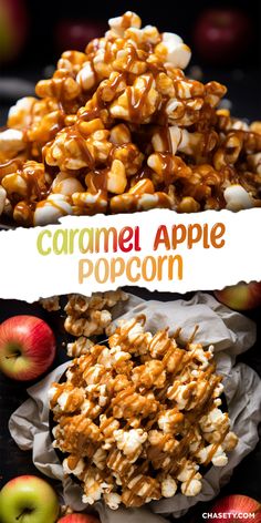 caramel apple popcorn is on display with apples in the background and text that reads caramel apple popcorn