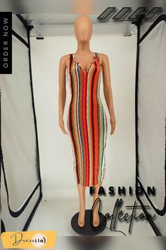 Summer Clothing Color Stripe Print Sleeveless V Neck Sexy Skinny Club Party Women Long Dress Casual Multicolor Bodycon Dress For Party, Multicolor Casual Bodycon Dress For Party, Casual Multicolor Bodycon Party Dress, Multicolor Midi Bodycon Dress For Party, Multicolor Midi Bodycon Party Dress, V-neck Sleeveless Dress For Club In Spring, Spring V-neck Sleeveless Dress For Club, V-neck Sleeveless Dress For Club And Spring, Trendy Sleeveless Summer Club Dress