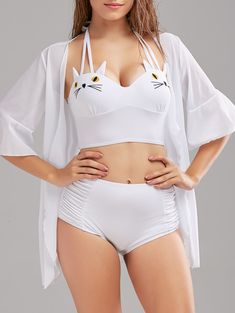 Cat Shape High Waisted Bikini with Cover-Up - White - 3R25428517 - Women's Clothing, Women's Swimwear  #WomensSwimwear #Women's #Clothing # #Women's #Swimwear Cheap Bikinis, Beach Coverups, Pink Swimwear, Spring Break Outfit, Swimwear High Waisted, Women's Swimwear, Bra Styles, Swimwear Fashion, Monokini