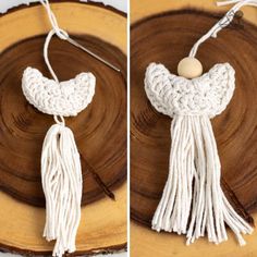 two pictures of white tassels on a piece of wood, one with a wooden bead in the middle