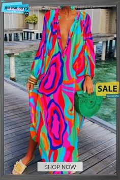 Printed Pullover Long Sleeve V-neck Swing Loose Long Dress Casual Printed V-neck Maxi Dress, Casual Green V-neck Dress For Fall, Chic Multicolor V-neck Dress For Vacation, Multicolor V-neck Maxi Dress For Summer, Casual Multicolor V-neck Long Sleeve Dress, Casual V-neck Printed Maxi Dress, Casual Multicolor V-neck Dress For Vacation, Casual Long Sleeve Maxi Dress For Beach Season, Casual V-neck Dress For Fall Day Out