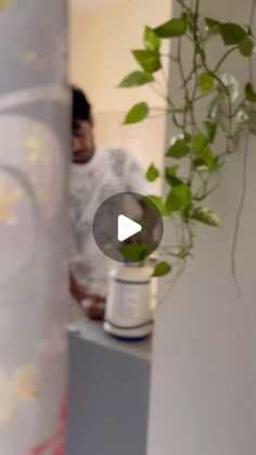 a man standing next to a plant on top of a white shelf in front of a wall