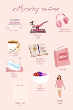 Things to add to your morning routine to feel more productive. Mindful Evening Routine, Build A Routine, Morning Shed Routine, Aesthetic Routine List, Pink Morning Routine, Morning Routine Pictures, Morning Routine Infographic, Productive Morning Routine Aesthetic, 2025 Motivation