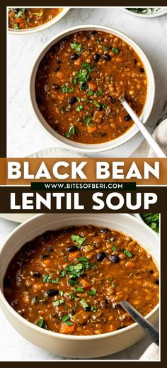 black bean lentil soup in a white bowl on a marble countertop with text overlay