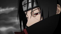 an anime character with long black hair and red eyes looking at the camera while standing in front of a cloudy sky