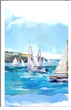 watercolor painting of sailboats in the ocean