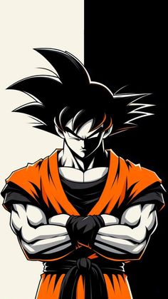 a cartoon character with his arms crossed in front of him, wearing an orange and black outfit