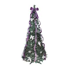 a purple and white christmas tree with ribbon on it's top, against a white background