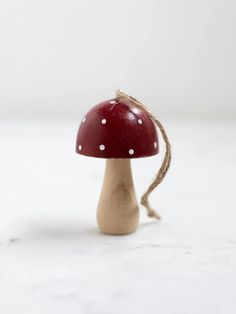 a small red mushroom sitting on top of a white counter next to a brown string