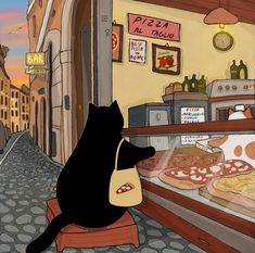 a black cat sitting in front of a pizza shop window looking at the pizzas