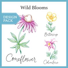 the wild blooms design pack includes four different flowers