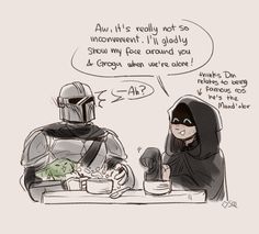 two people sitting at a table, one with a helmet and the other wearing a hoodie