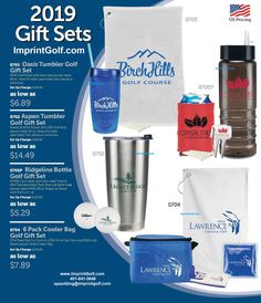 an advertisement for the 2013 golf gift sets in blue, white and brown colors with various items