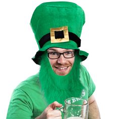 Top off your St. Patrick's Day ensemble with our Irish green polyester top hat that measures 9" tall and comes with an attached green beard! Our adult size hat is perfect to wear to your St. Patrick's Day parties and parades and to celebrate the Irish. Each St. Pat's Top Hat features a black band a gold buckle and an attached green beard! One size fits most adults. Green Novelty Party Hat, Adjustable Green Novelty Costume Hat, Green Halloween Hats For Costume Party, Green Halloween Costume Party Hat, Adjustable Green Costume Hats And Headpieces, Irish Celebration, Irish Hat, Green Accessories, March 17