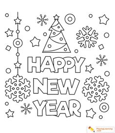 the happy new year coloring page with snowflakes, stars and christmas trees on it