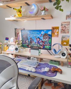 a desk with a computer on top of it