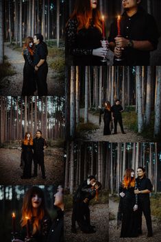 two people are standing in the woods with their arms around each other and holding candles