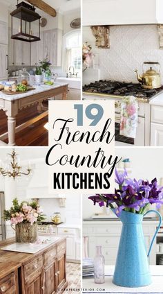 french country kitchen with white cabinets and purple flowers in blue vases on the counter