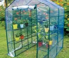 a green house filled with potted plants in the grass