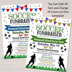 two soccer flyer templates with the words, you can edit all text and change colors on this template