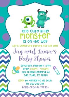 a baby shower party with monsters on the front and bottom, including one cute little monster is