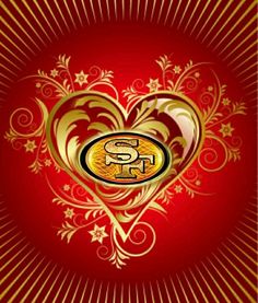 the san francisco giants logo on a red and gold heart with swirly pattern around it