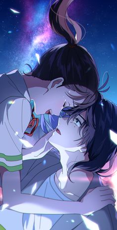 two anime characters kissing in front of the night sky