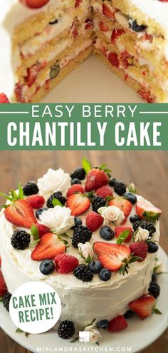 a cake with strawberries and blueberries on top is cut in half to show the layers