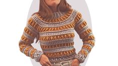 a woman is standing with her hands in her pockets and wearing a crocheted sweater