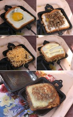 four different pictures of toast with cheese and an egg on top, one in the process of being cooked