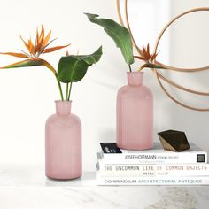 two pink vases sitting on top of a white table next to books and a mirror