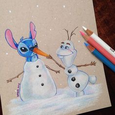 a drawing of two snowmen with one holding the other's nose while another looks on