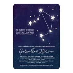 a wedding card with the zodiac sign on it and stars in the night sky behind