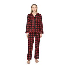 These high quality  pajamas for women feel divinely soft to the touch thanks to their 95% polyester and 5% spandex blend. Each set comes with a notch lapel (collar style) and a drawstring waits for a comfy, snug fit.  .: Material: 95% satin polyester, 5% spandex .: Seam thread color is matched close to the design .: Trim, drawstrings and buttons available in black Checkered Pajamas, Pajamas Silk, Flannel Pjs, Pajamas Matching, Lounge Wear Set, Matching Family Christmas Pajamas, Buffalo Plaid Flannel, Family Christmas Pajamas, Holiday Pajamas