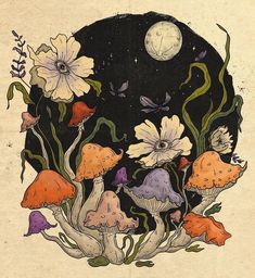 an image of mushrooms and flowers in the night sky