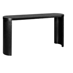 a black wooden table sitting on top of a white wall