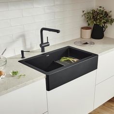 a kitchen sink sitting on top of a counter next to a potted plant in a vase